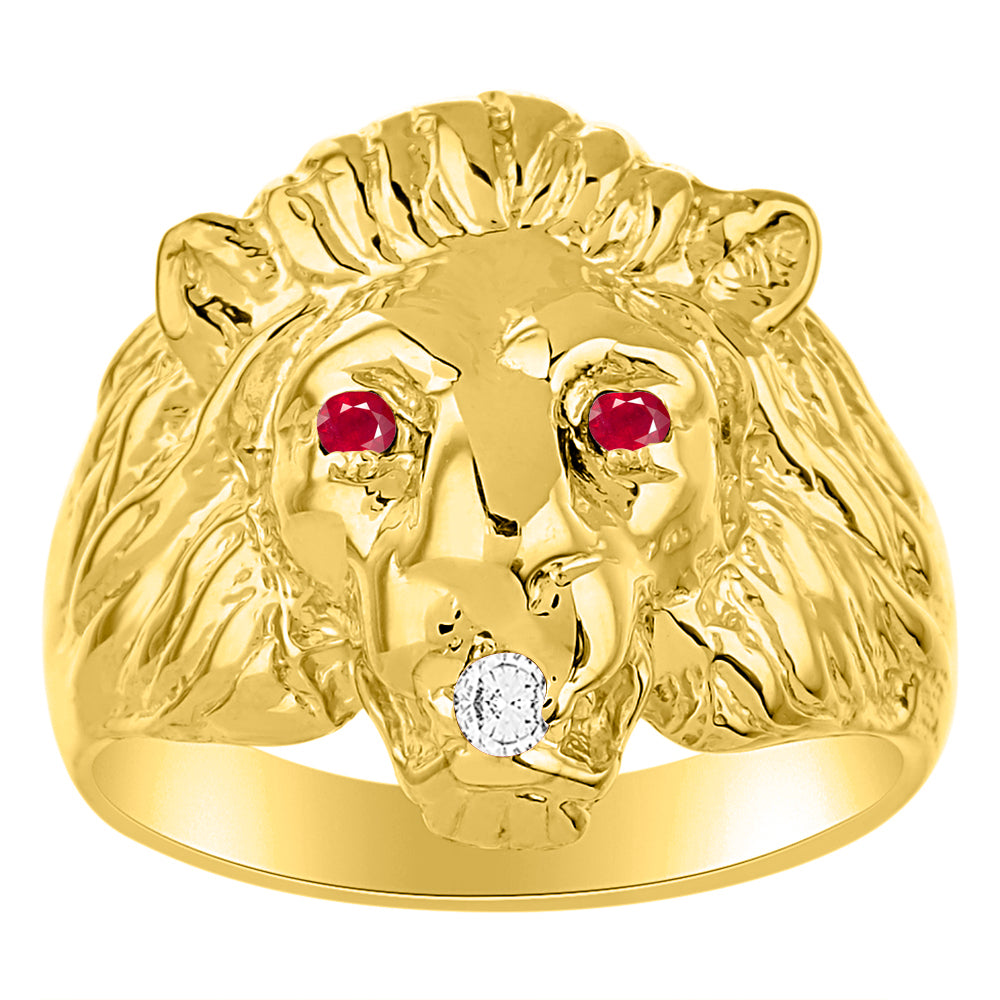 RYLOS Men's 14K Yellow Gold Lion Head Ring with Color Stones in Eyes & Diamond in the Mouth – Fun Designer Rings in Sizes 6-13