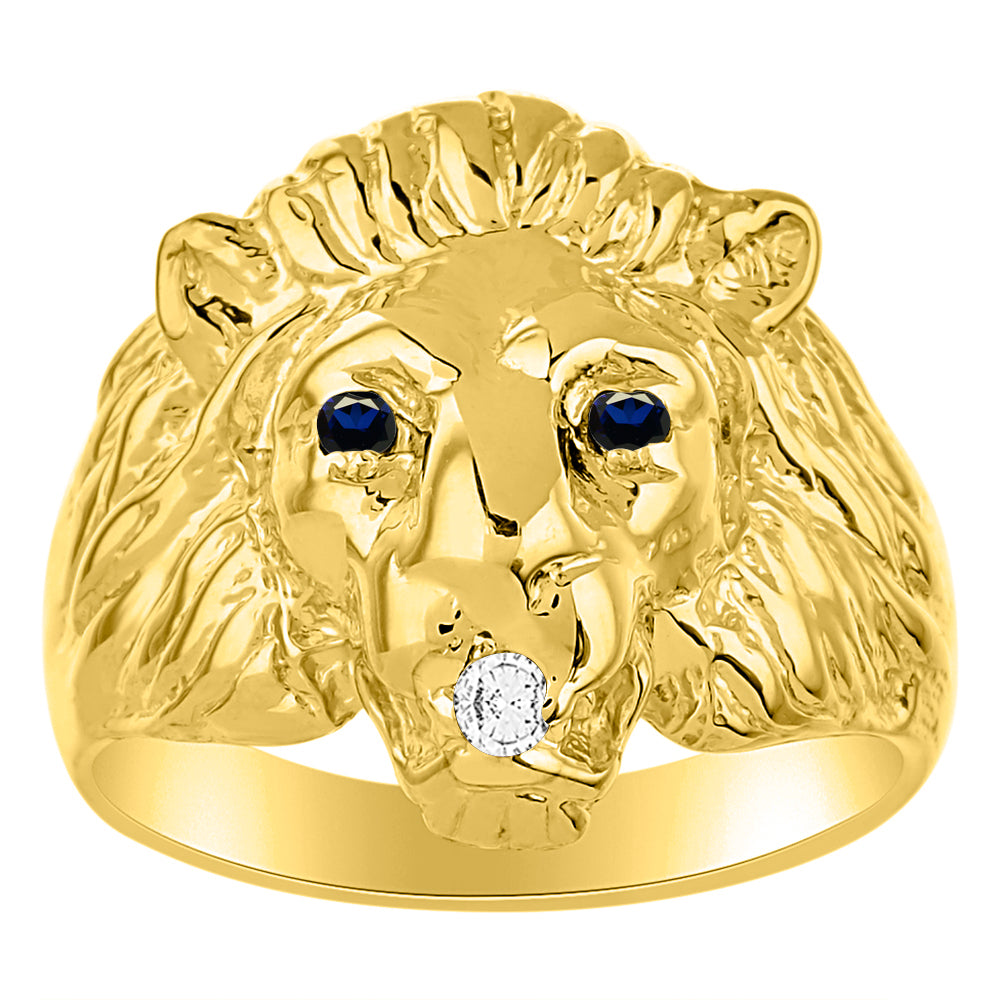 RYLOS  Lion Head Ring with Gemstone Eyes & Diamond Mouth – Fun Designer Rings in Sizes 8-13 in Yellow Gold Plated Silver