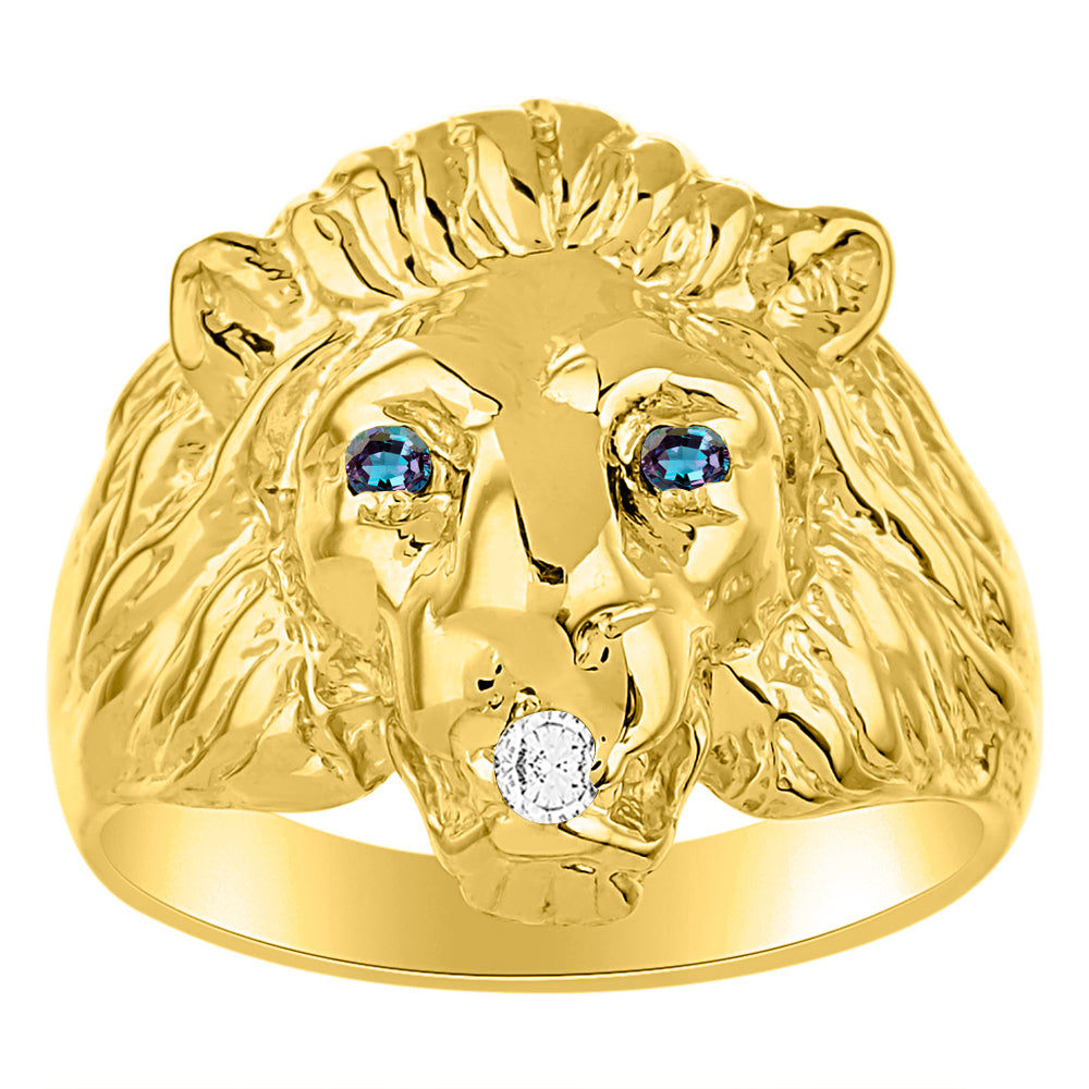 RYLOS Men's 14K Yellow Gold Lion Head Ring with Color Stones in Eyes & Diamond in the Mouth – Fun Designer Rings in Sizes 6-13