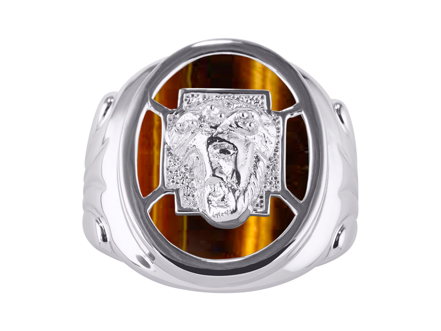 RYLOS Men's Sterling Silver Religious Style Ring with Christ Head Design, Diamonds, and Onyx, Quartz, or Tiger Eye Designer Men's Jewelry in Sizes 8-13