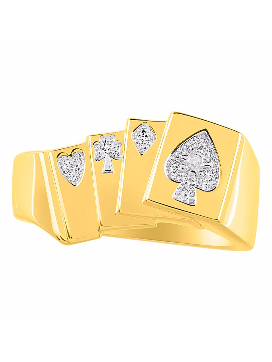 RYLOS Designer 4 of a Kind Aces; Lucky Poker Royal Flush Ring with Diamonds in Sterling Silver or Yellow Gold Plated Silver – Lucky Ring Sizes 6-13