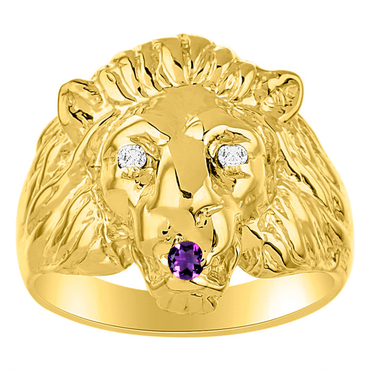 RYLOS Men's 14K Yellow Gold Lion Head Ring with Diamond Eyes & Birthstone in Mouth – Fun Designer Rings in Sizes 6-13