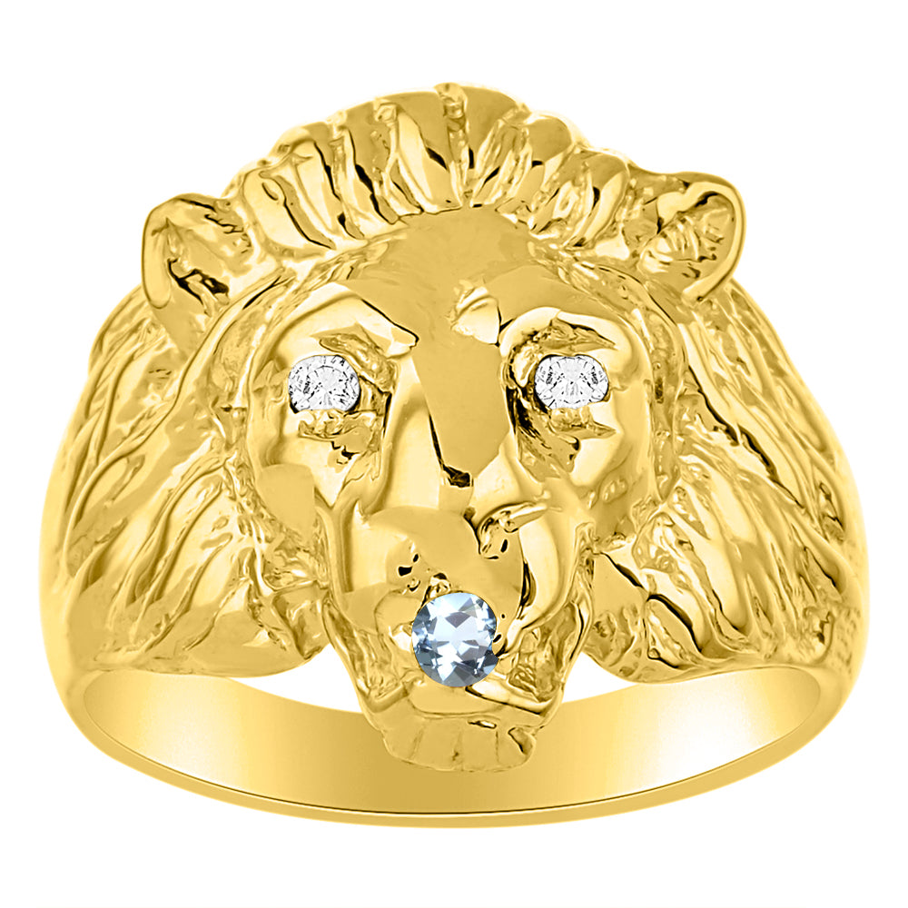 RYLOS Men's 14K Yellow Gold Lion Head Ring with Diamond Eyes & Birthstone in Mouth – Fun Designer Rings in Sizes 6-13