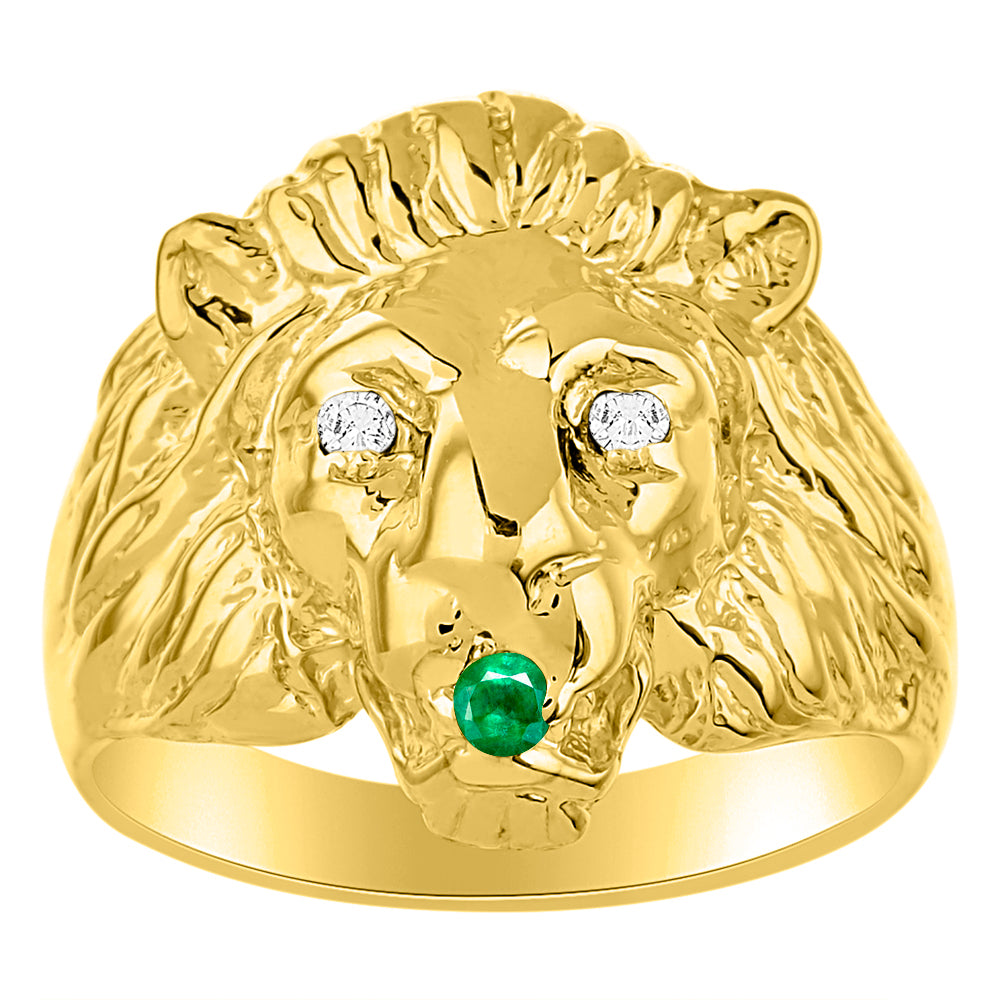 RYLOS Men's 14K Yellow Gold Lion Head Ring with Diamond Eyes & Birthstone in Mouth – Fun Designer Rings in Sizes 6-13
