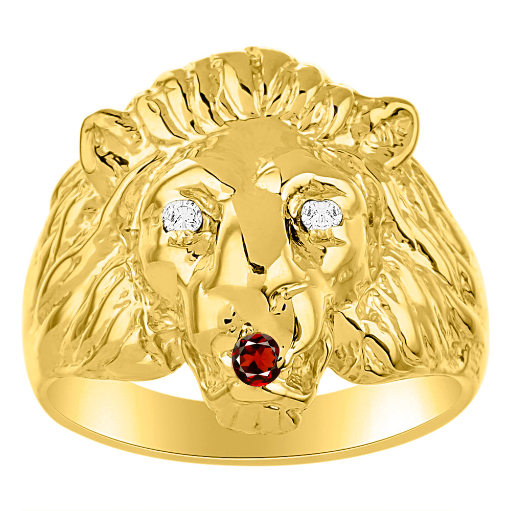 RYLOS Men's 14K Yellow Gold Lion Head Ring with Diamond Eyes & Birthstone in Mouth – Fun Designer Rings in Sizes 6-13