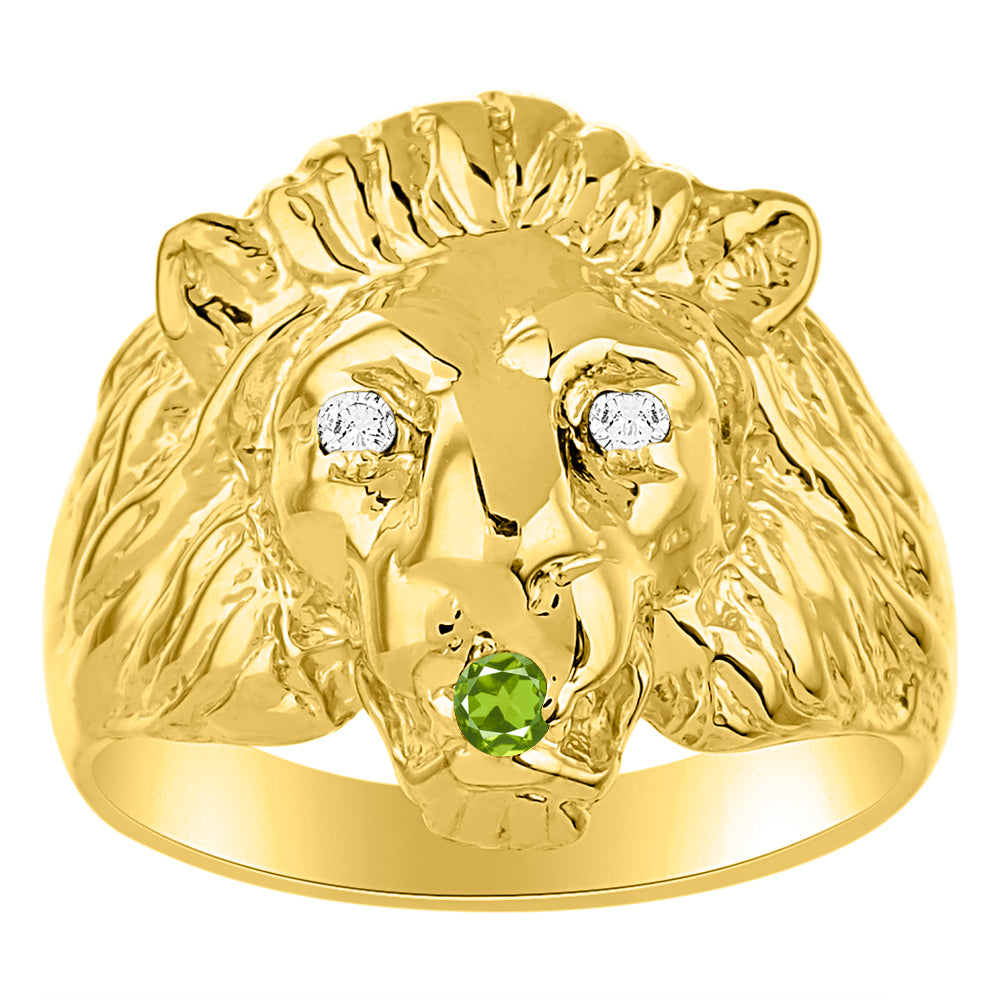RYLOS Men's 14K Yellow Gold Lion Head Ring with Diamond Eyes & Birthstone in Mouth – Fun Designer Rings in Sizes 6-13