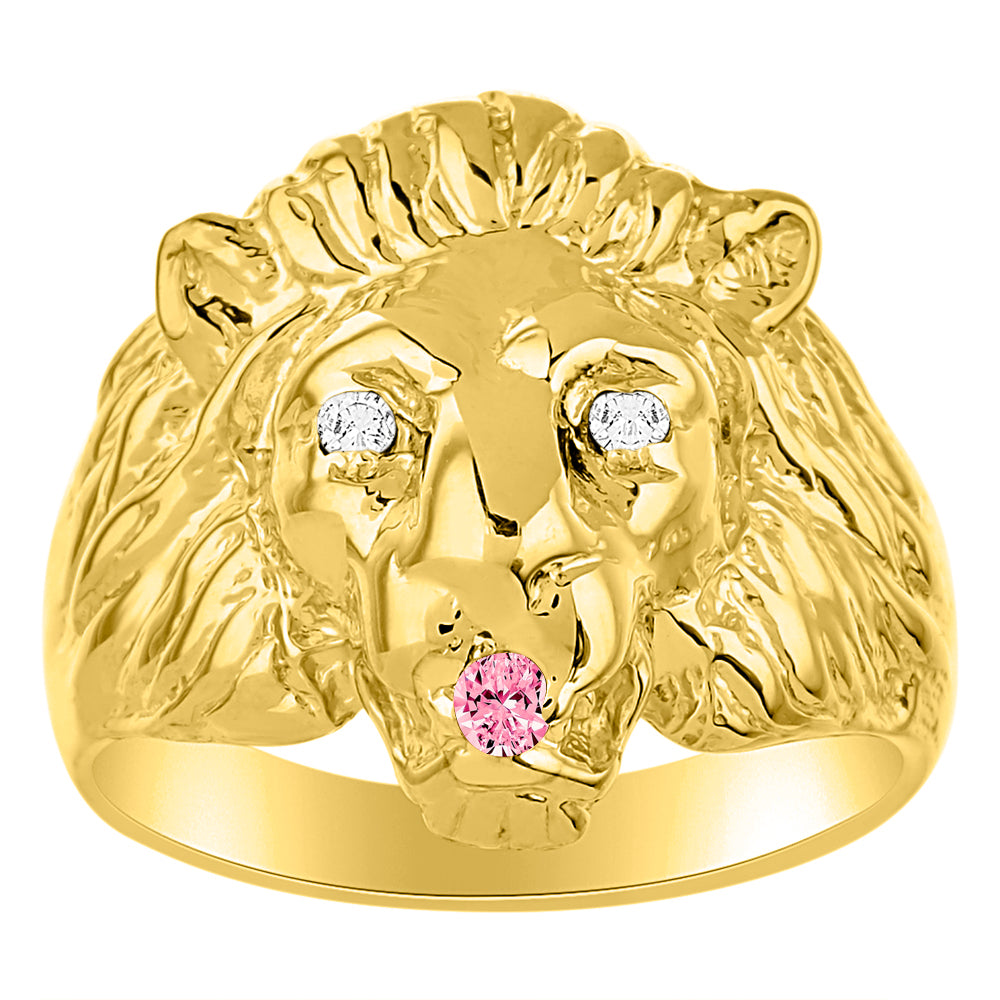 RYLOS Lion Head Ring Color Stones Eyes & Diamond Mouth – Fun Designer Rings in Sizes 8-13 in Yellow Gold Plated Silver