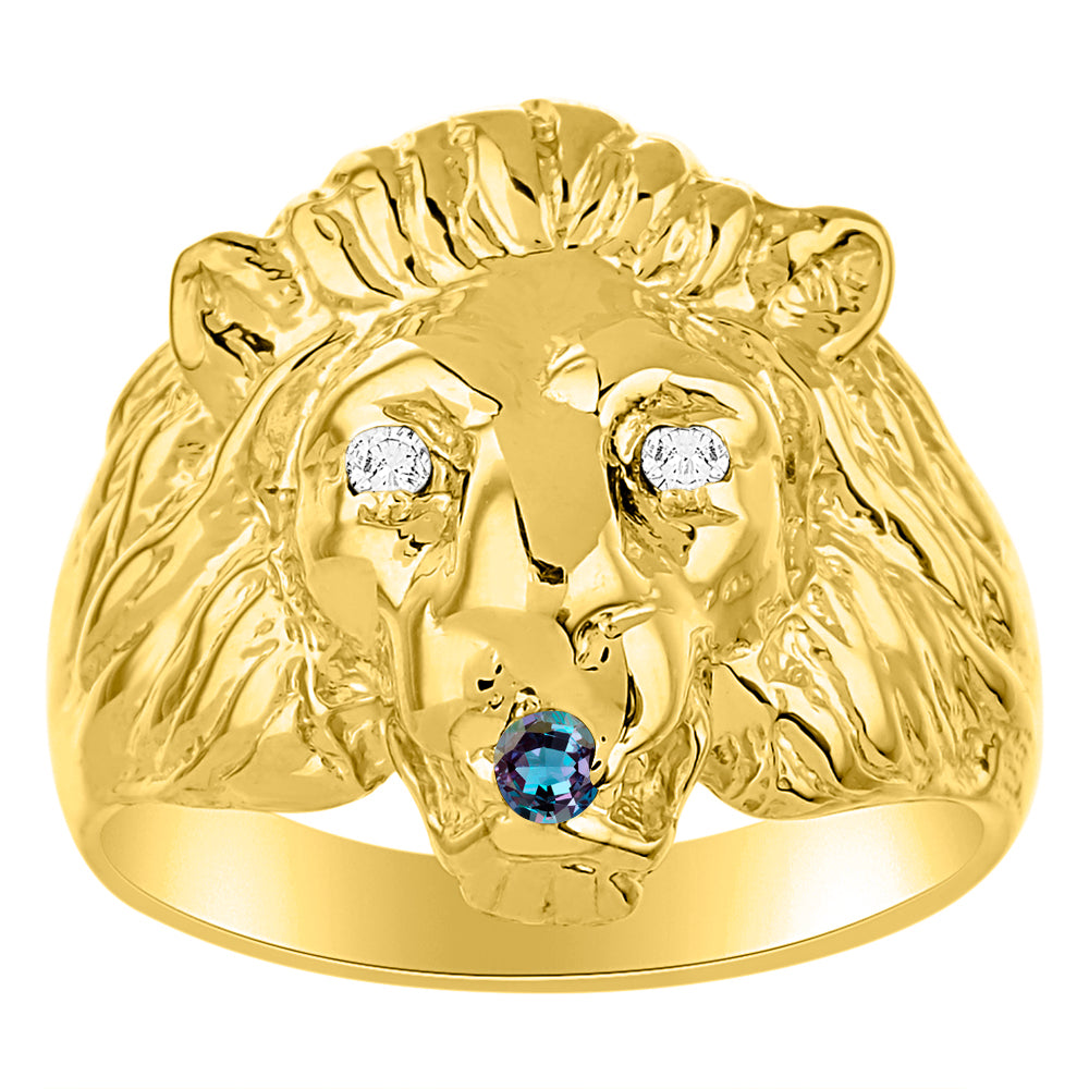 RYLOS Men's 14K Yellow Gold Lion Head Ring with Diamond Eyes & Birthstone in Mouth – Fun Designer Rings in Sizes 6-13