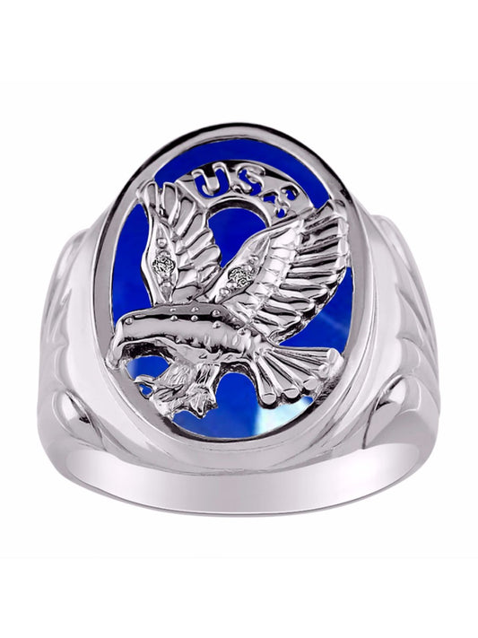 RYLOS Men's Patriotic Eagle USA Ring with Diamonds and Onyx, Quartz, or Tiger Eye Designer Men's Jewelry in Sizes 8-13 in Syerling Silver