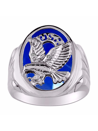 RYLOS Men's 14K White Gold Patriotic Eagle USA Ring with Diamonds and Onyx, Quartz, or Tiger Eye Designer Men's Jewelry in Sizes 8-13