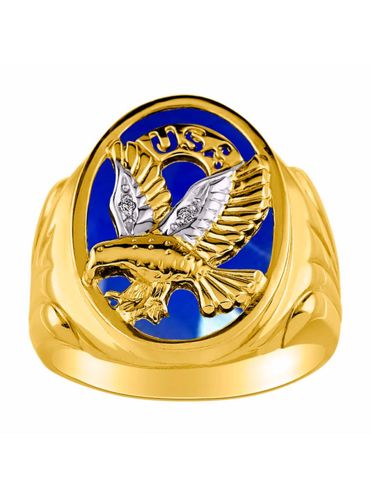 RYLOS Men's 14K Yellow Gold Patriotic Eagle USA Ring with Diamonds and Onyx, Quartz, or Tiger Eye Designer Men's Jewelry in Sizes 8-13