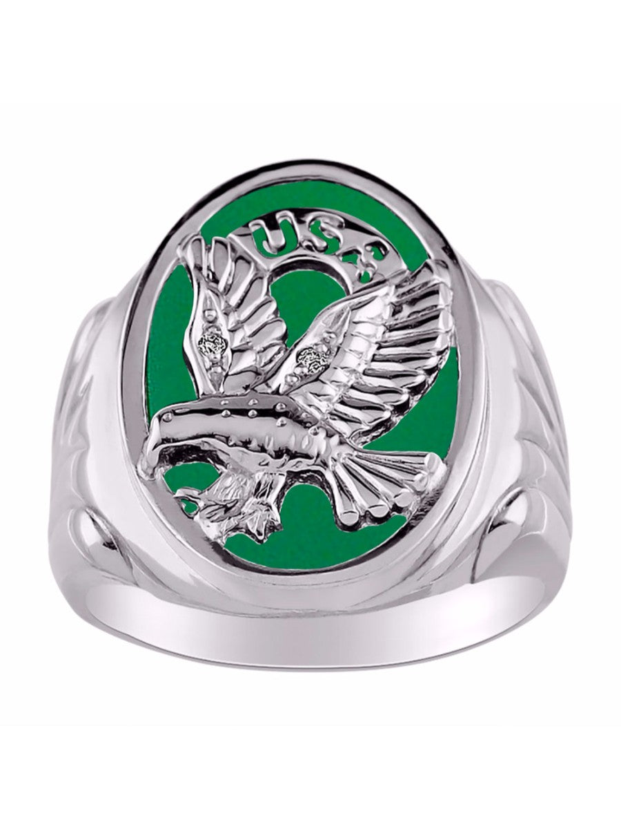 RYLOS Men's 14K White Gold Patriotic Eagle USA Ring with Diamonds and Onyx, Quartz, or Tiger Eye Designer Men's Jewelry in Sizes 8-13