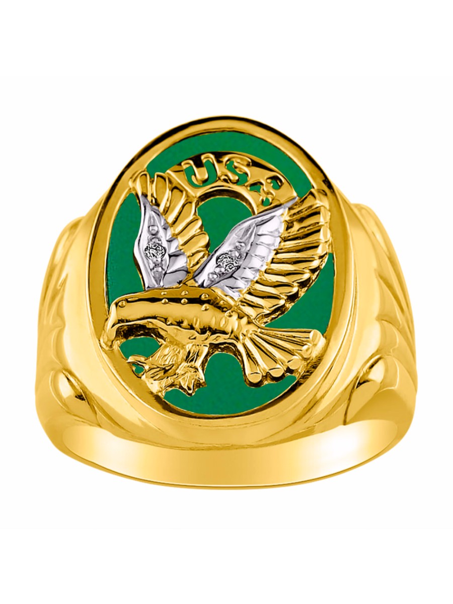RYLOS Men's Patriotic Eagle USA Ring with Diamonds and Onyx, Quartz, or Tiger Eye Designer Men's Jewelry in Sizes 8-13 in Yellow Gold Plated Silver