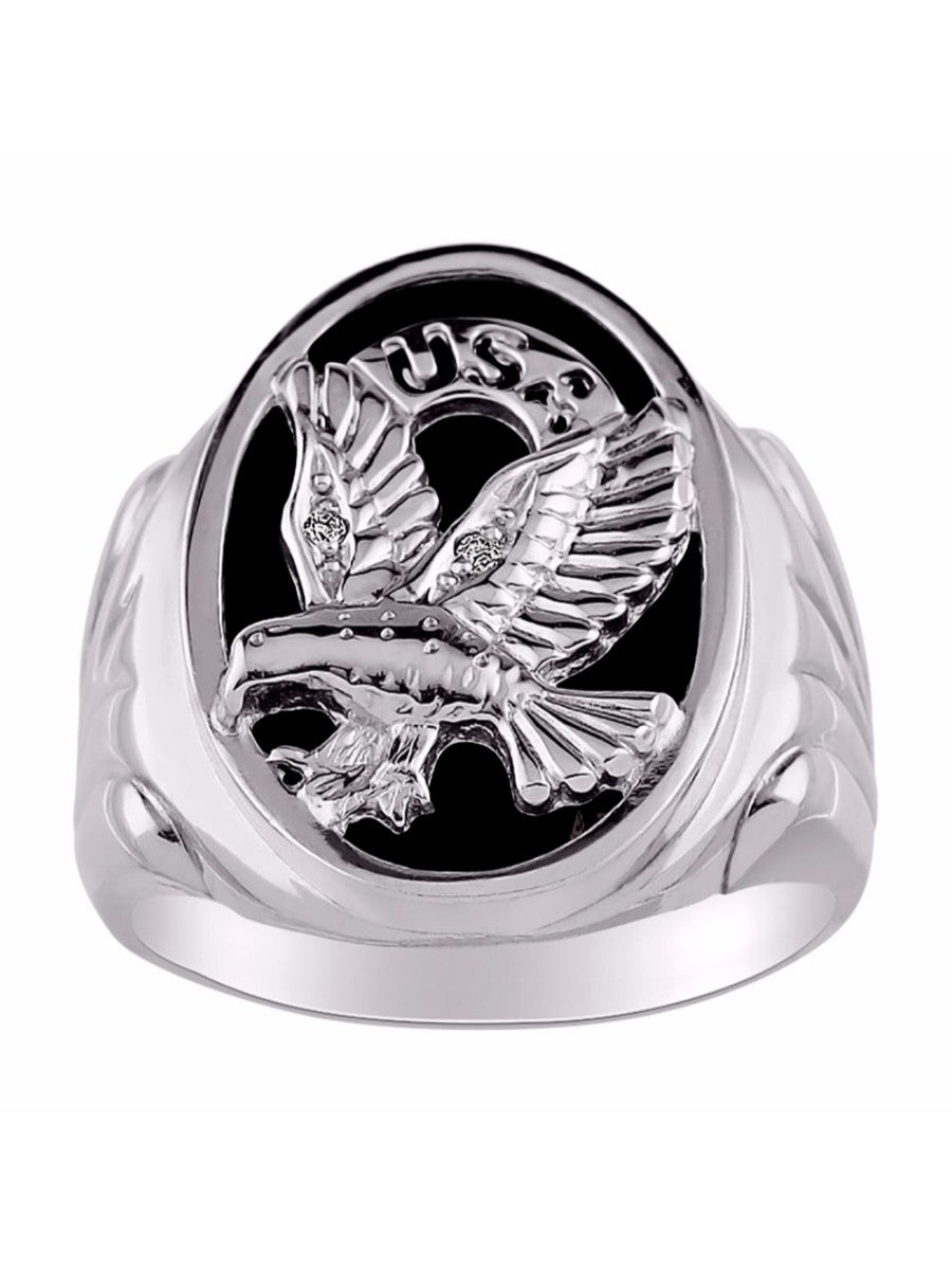 RYLOS Men's 14K White Gold Patriotic Eagle USA Ring with Diamonds and Onyx, Quartz, or Tiger Eye Designer Men's Jewelry in Sizes 8-13