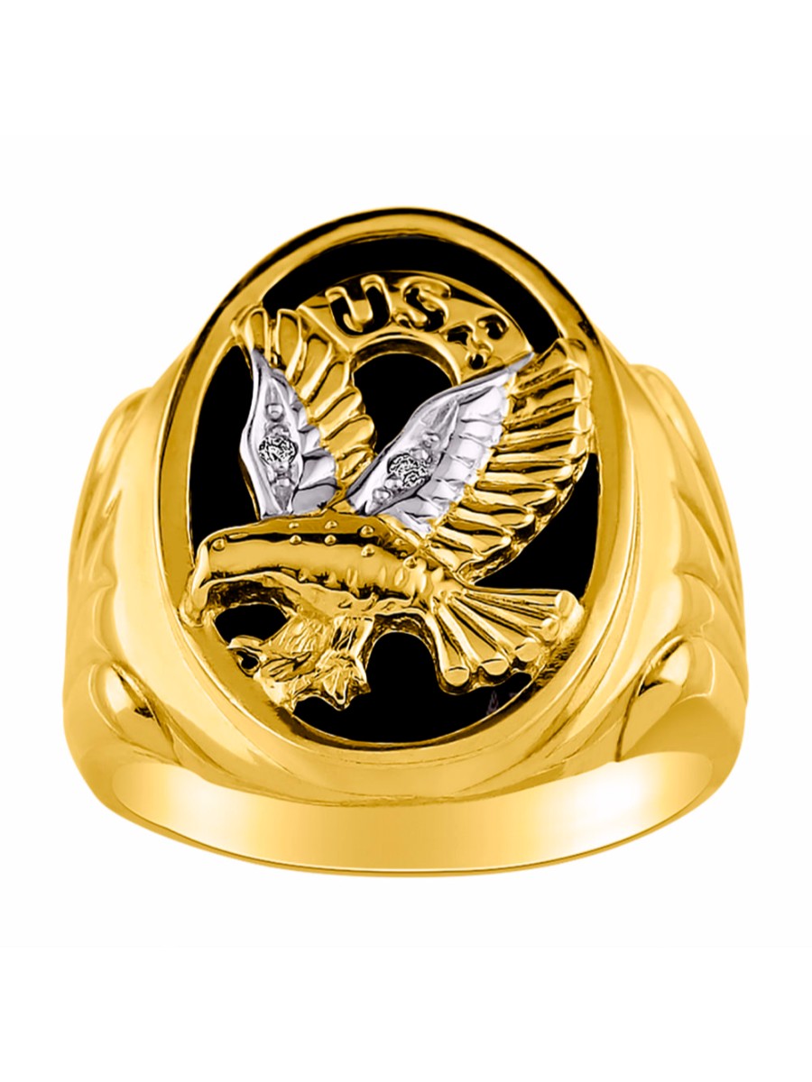 RYLOS Men's 14K Yellow Gold Patriotic Eagle USA Ring with Diamonds and Onyx, Quartz, or Tiger Eye Designer Men's Jewelry in Sizes 8-13