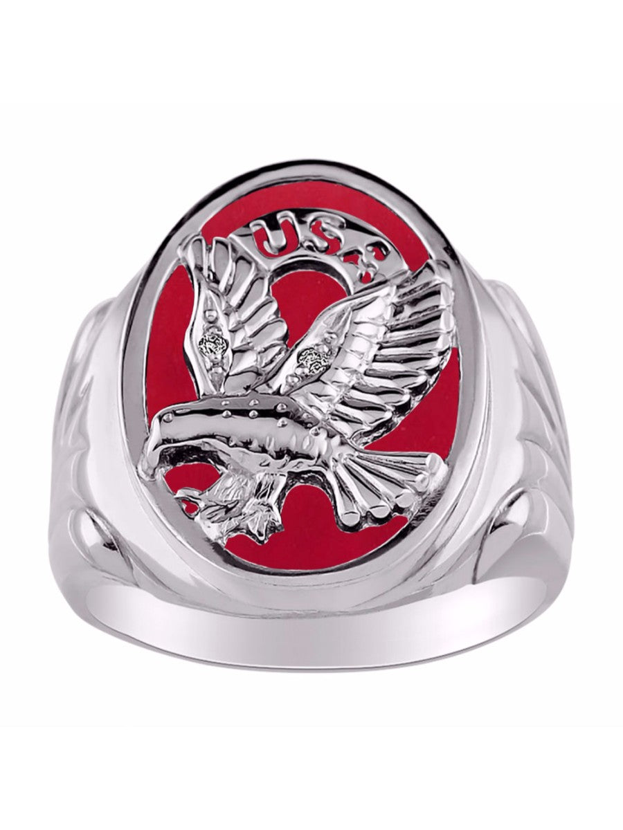 RYLOS Men's 14K White Gold Patriotic Eagle USA Ring with Diamonds and Onyx, Quartz, or Tiger Eye Designer Men's Jewelry in Sizes 8-13