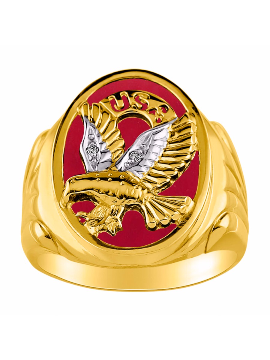 RYLOS Men's 14K Yellow Gold Patriotic Eagle USA Ring with Diamonds and Onyx, Quartz, or Tiger Eye Designer Men's Jewelry in Sizes 8-13