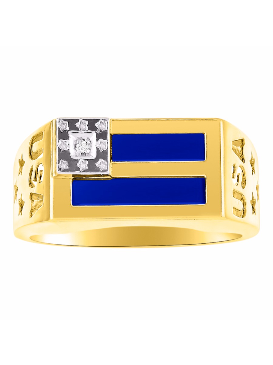 RYLOS Men's 14K  Yellow  Gold USA Flag Designer Ring with Diamonds and Black Onyx, Red, Blue, Green Quartz, or Tiger Eye Men's Jewelry in Sizes 8-13