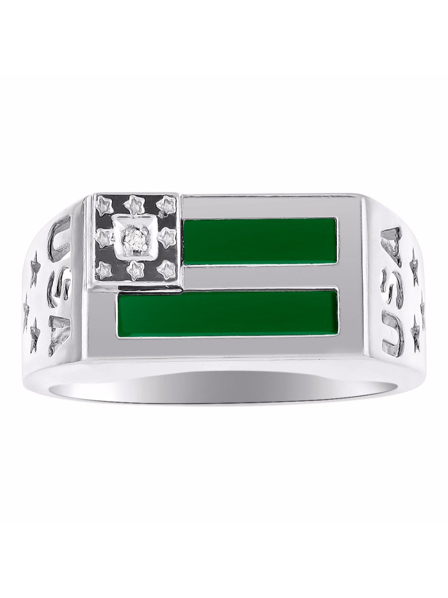 RYLOS Men's 14K USA Flag Designer Ring with Diamonds and Black Onyx, Red, Blue, Green Quartz, or Tiger Eye Men's Jewelry in Sizes 8-13 Sterling Silver