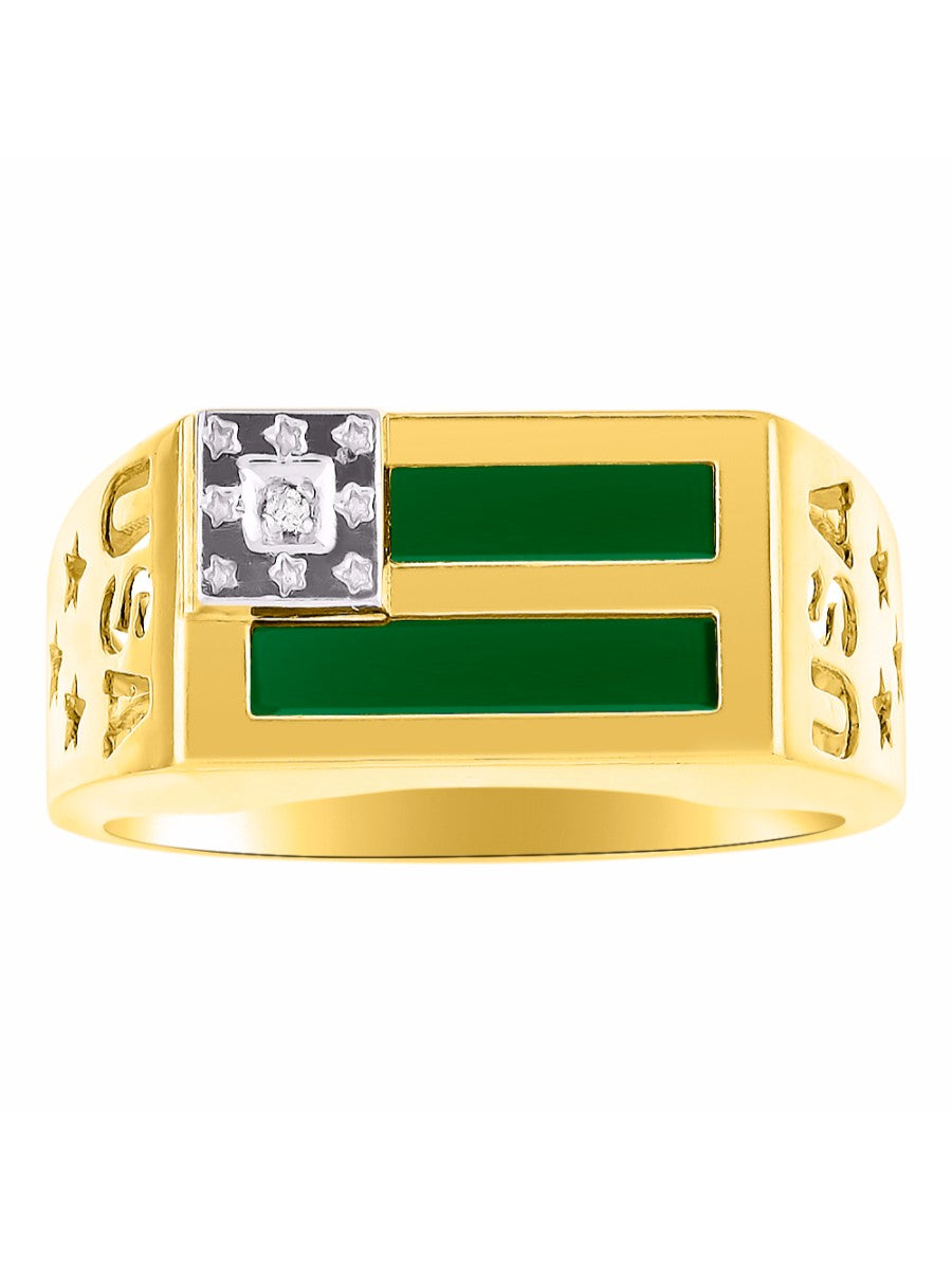 RYLOS Men's 14K USA Flag Designer Ring with Diamonds and Black Onyx, Red, Blue, Green Quartz, or Tiger Eye Men's Jewelry in Sizes 8-13 Yellow Gold Plated Silver