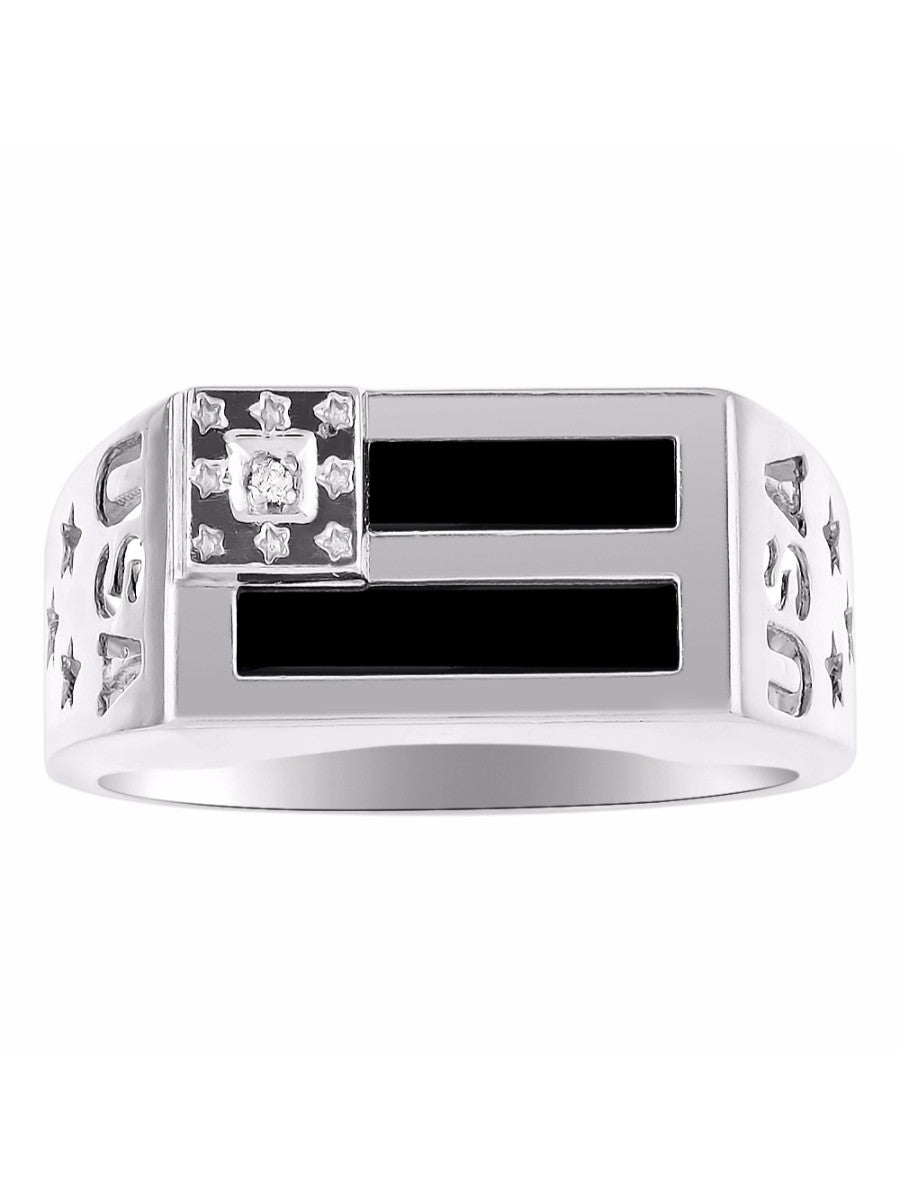 RYLOS Men's 14K White Gold USA Flag Designer Ring with Diamonds and Black Onyx, Red, Blue, Green Quartz, or Tiger Eye Men's Jewelry in Sizes 8-13