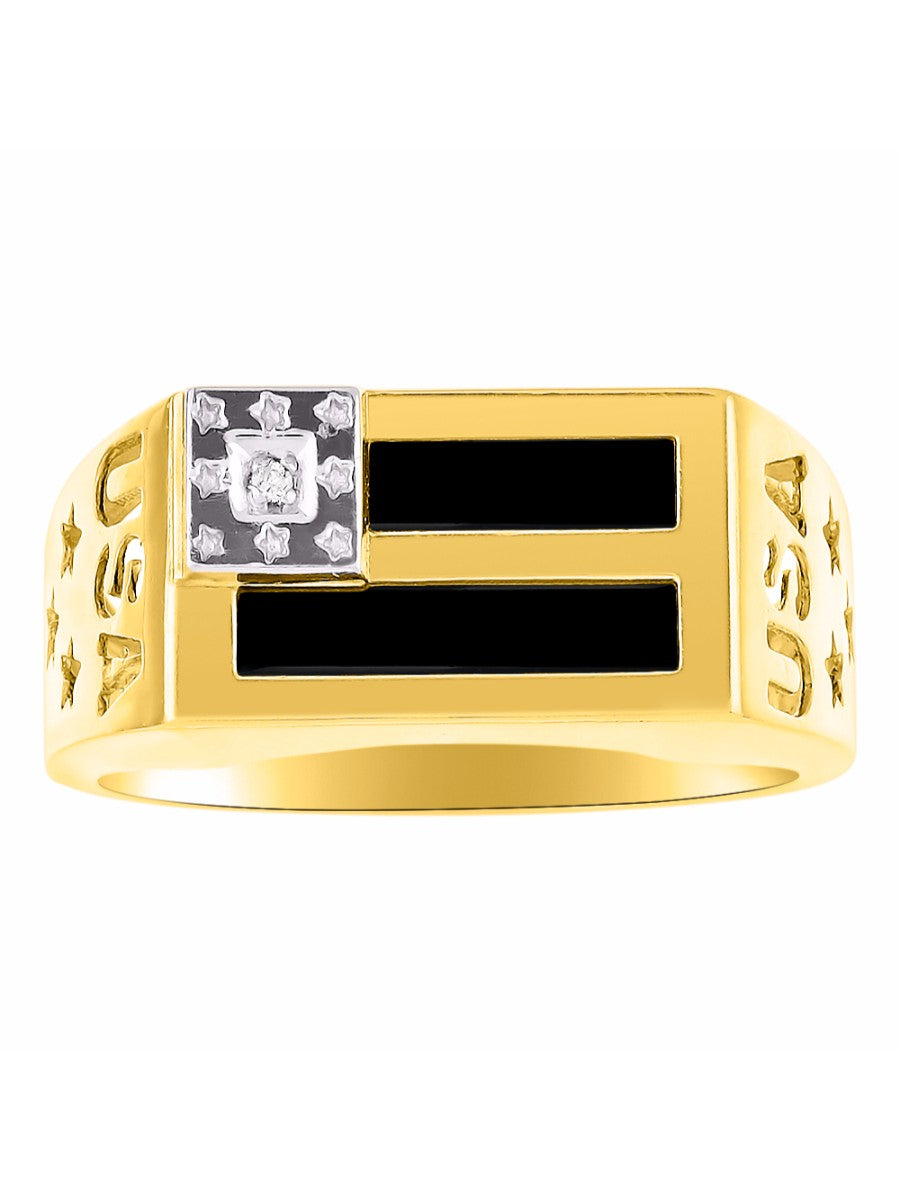 RYLOS Men's 14K USA Flag Designer Ring with Diamonds and Black Onyx, Red, Blue, Green Quartz, or Tiger Eye Men's Jewelry in Sizes 8-13 Yellow Gold Plated Silver