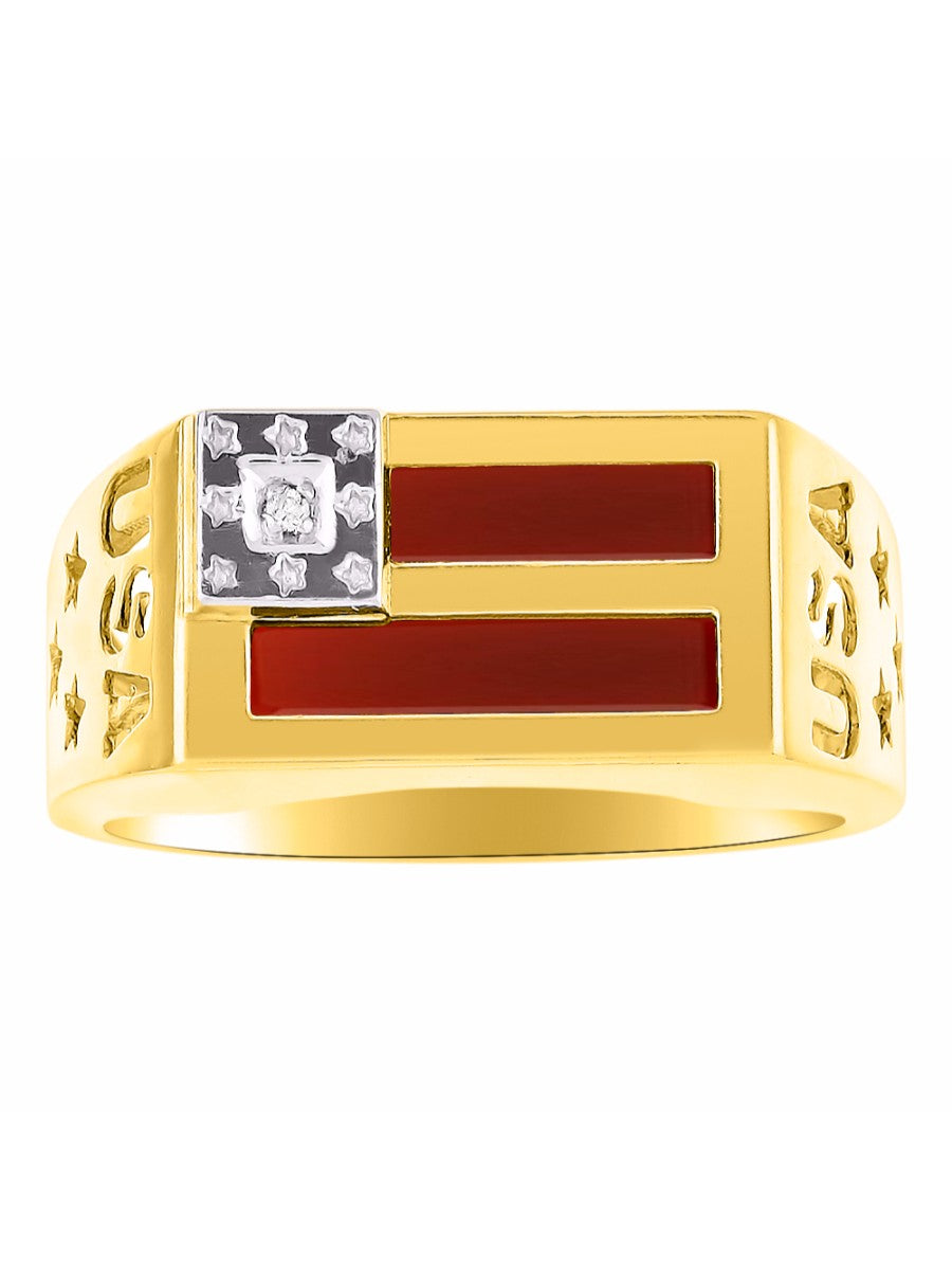 RYLOS Men's 14K USA Flag Designer Ring with Diamonds and Black Onyx, Red, Blue, Green Quartz, or Tiger Eye Men's Jewelry in Sizes 8-13 Yellow Gold Plated Silver