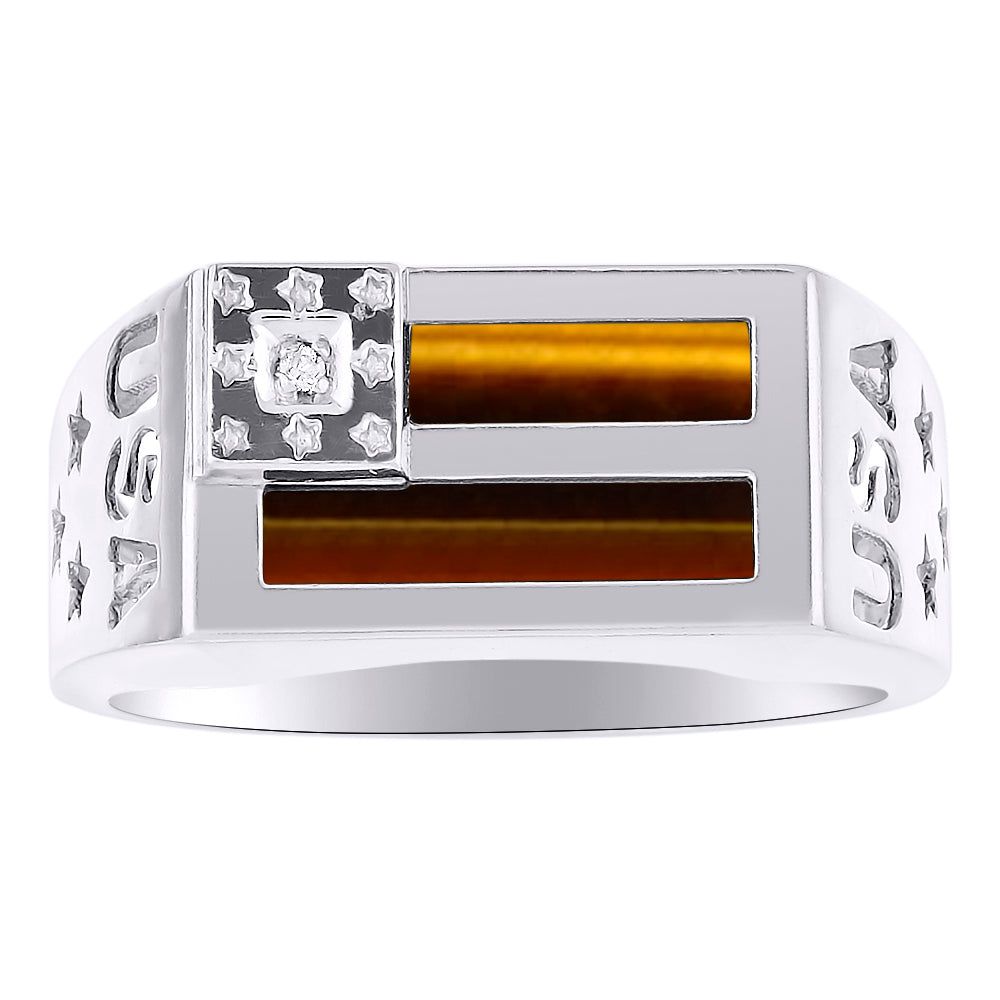 RYLOS Men's 14K USA Flag Designer Ring with Diamonds and Black Onyx, Red, Blue, Green Quartz, or Tiger Eye Men's Jewelry in Sizes 8-13 Sterling Silver