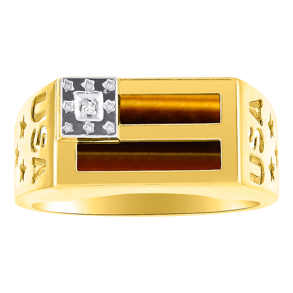 RYLOS Men's 14K USA Flag Designer Ring with Diamonds and Black Onyx, Red, Blue, Green Quartz, or Tiger Eye Men's Jewelry in Sizes 8-13 Yellow Gold Plated Silver