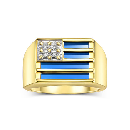 RYLOS Yellow Gold Plated Silver 925 USA Flag Designer Men's Ring, featuring Diamonds, Onyx, Quartz in Red, Blue, or Green, & Tiger Eye. In sizes 8 to 13, patriotic sophistication to your collection