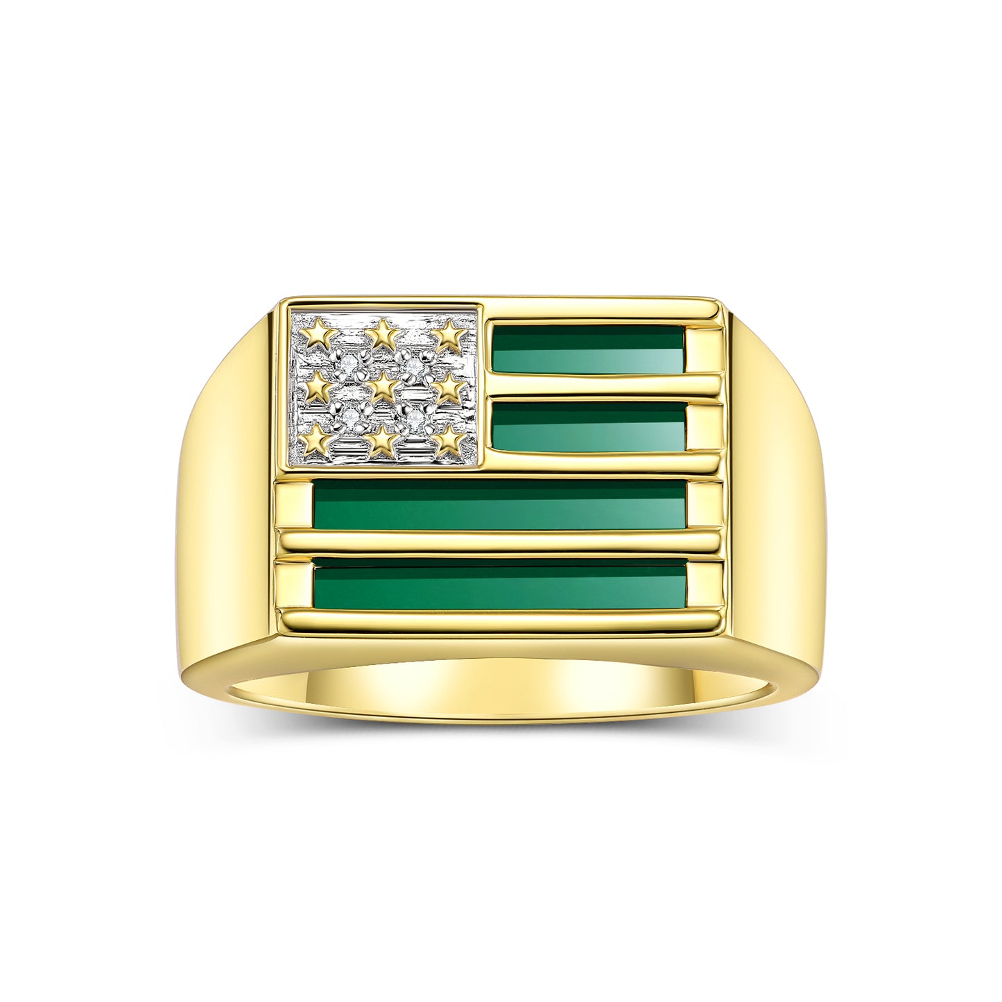 RYLOS 14K Yellow Gold USA Flag Designer Men's Ring, featuring Diamonds, Onyx, Quartz in Red, Blue, or Green, & Tiger Eye. Available sizes 8 to 13, it adds patriotic sophistication to your collection