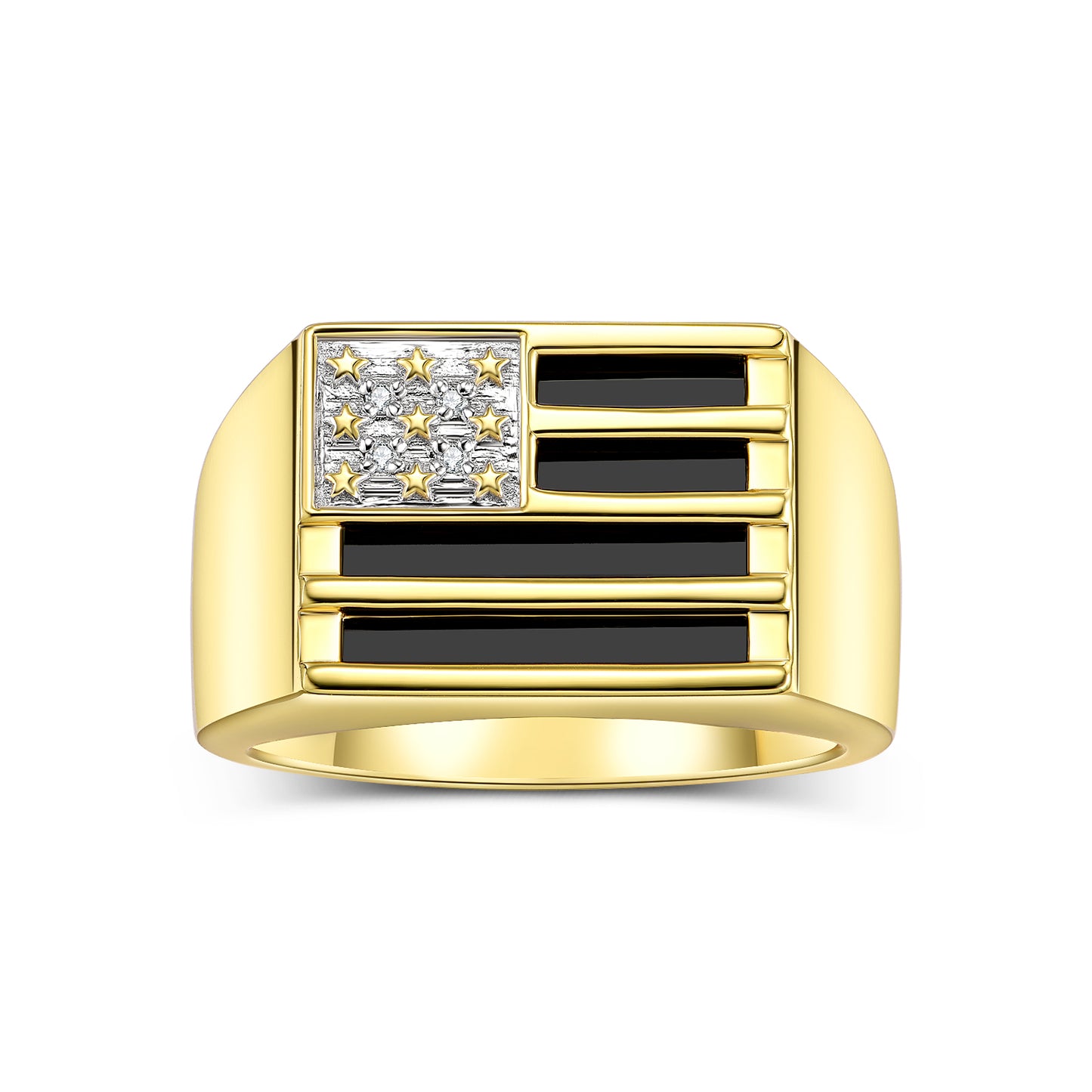 RYLOS 14K Yellow Gold USA Flag Designer Men's Ring, featuring Diamonds, Onyx, Quartz in Red, Blue, or Green, & Tiger Eye. Available sizes 8 to 13, it adds patriotic sophistication to your collection