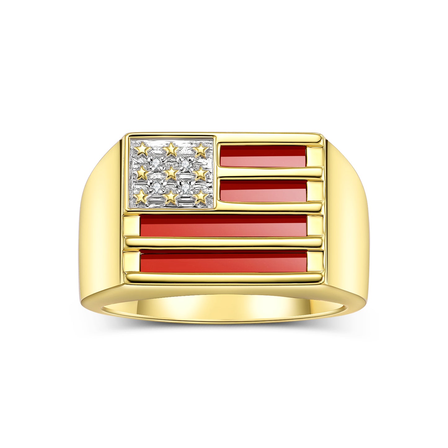 RYLOS Yellow Gold Plated Silver 925 USA Flag Designer Men's Ring, featuring Diamonds, Onyx, Quartz in Red, Blue, or Green, & Tiger Eye. In sizes 8 to 13, patriotic sophistication to your collection