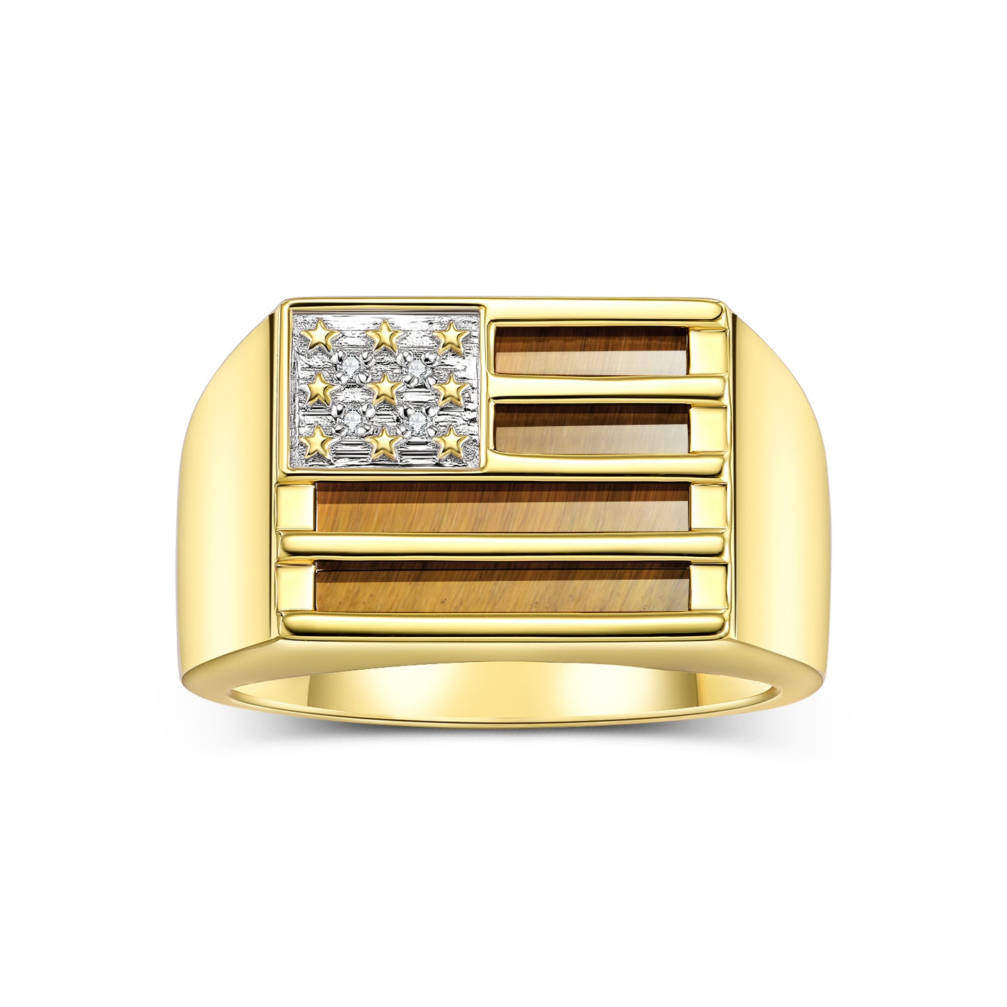 RYLOS Yellow Gold Plated Silver 925 USA Flag Designer Men's Ring, featuring Diamonds, Onyx, Quartz in Red, Blue, or Green, & Tiger Eye. In sizes 8 to 13, patriotic sophistication to your collection