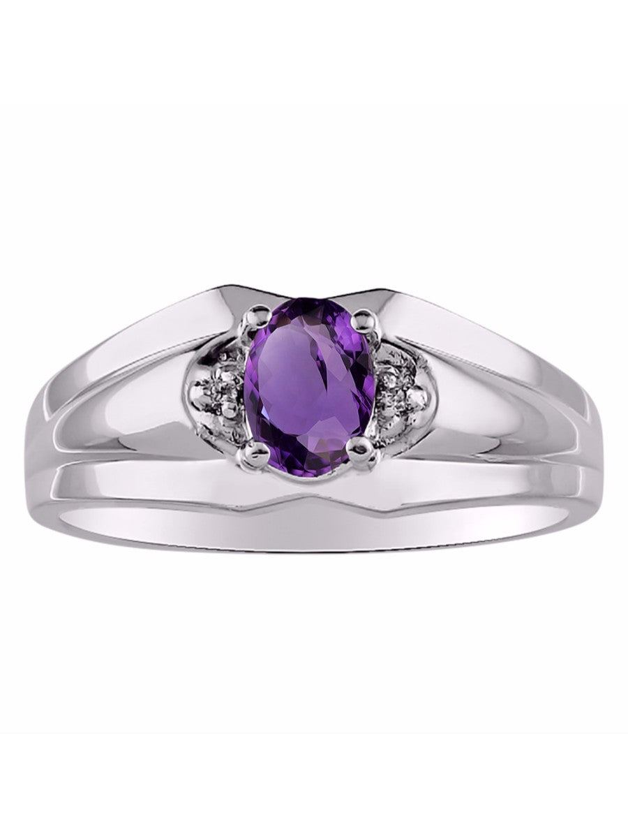 RYLOS Men's 14K White Gold 7X5 Oval Gemstone & Diamond Ring Classic Birthstone Design in Sizes 8-13