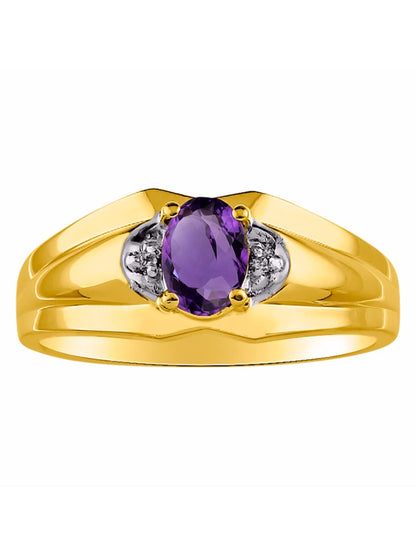 RYLOS Men's Yellow Gold Plated Silver 7X5 Oval Gemstone & Diamond Ring Classic Birthstone Design in Sizes 8-13