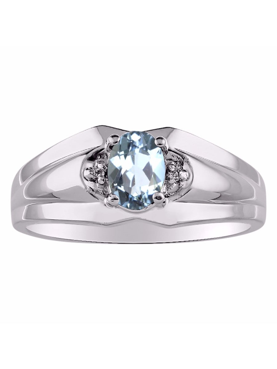 RYLOS Men's 14K White Gold 7X5 Oval Gemstone & Diamond Ring Classic Birthstone Design in Sizes 8-13