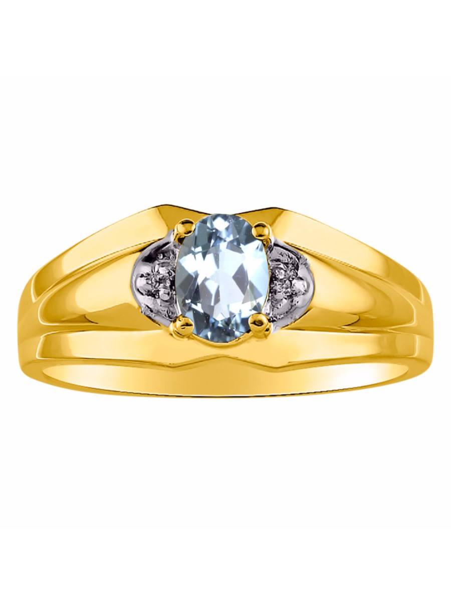 RYLOS Men's Yellow Gold Plated Silver 7X5 Oval Gemstone & Diamond Ring Classic Birthstone Design in Sizes 8-13