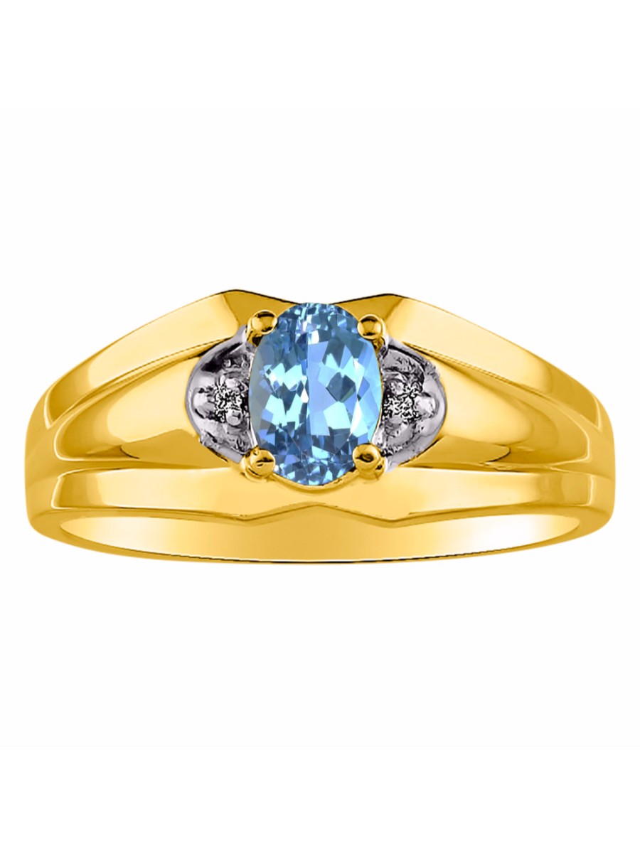 RYLOS Men's 14K Yellow Gold 7X5 Oval Gemstone & Diamond Ring Classic Birthstone Design in Sizes 8-13