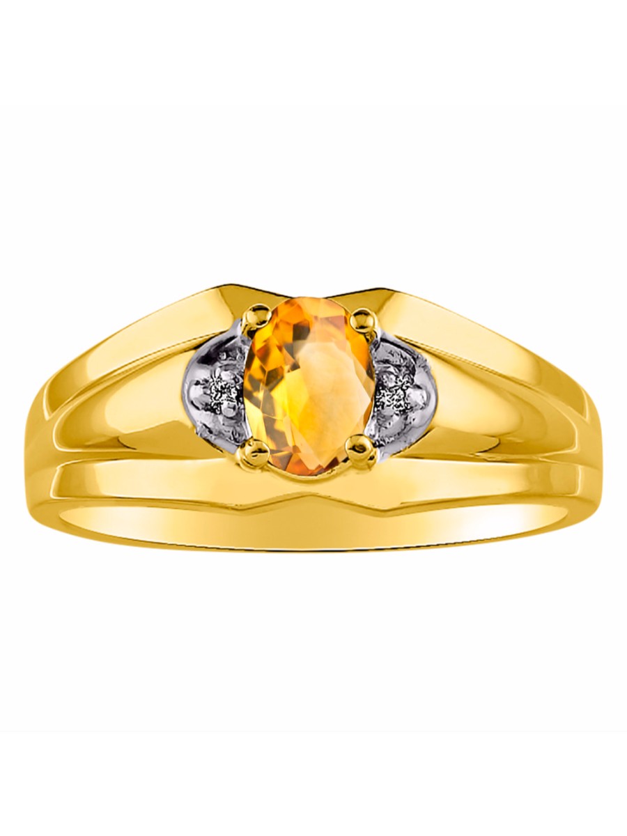 RYLOS Men's 14K Yellow Gold 7X5 Oval Gemstone & Diamond Ring Classic Birthstone Design in Sizes 8-13