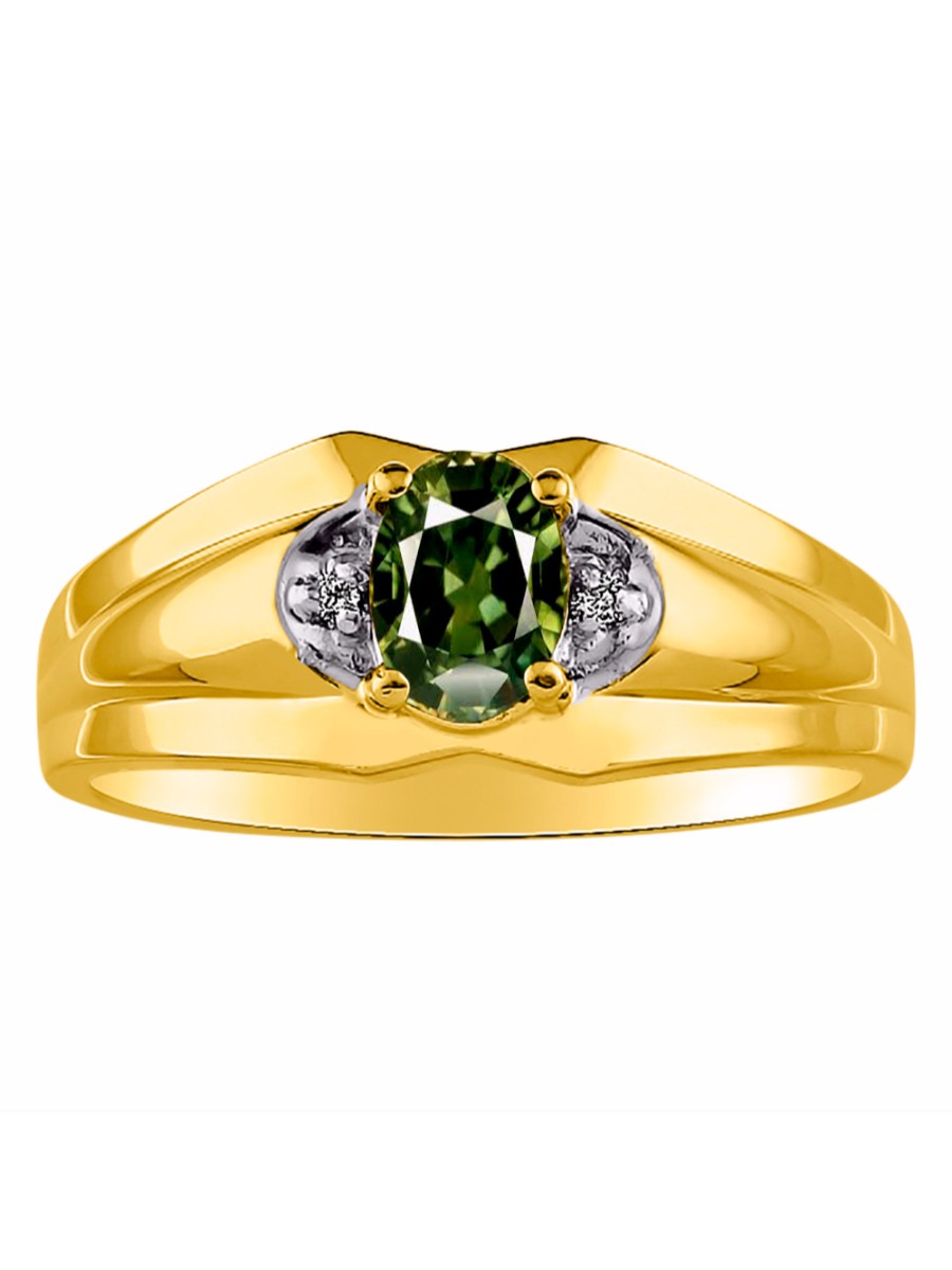 RYLOS Men's 14K Yellow Gold 7X5 Oval Gemstone & Diamond Ring Classic Birthstone Design in Sizes 8-13