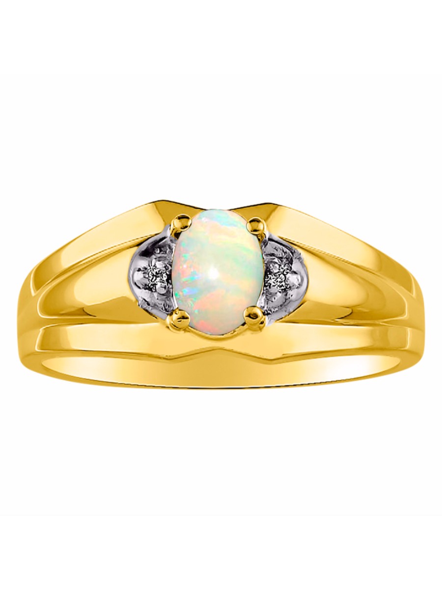 RYLOS Men's 14K Yellow Gold 7X5 Oval Gemstone & Diamond Ring Classic Birthstone Design in Sizes 8-13