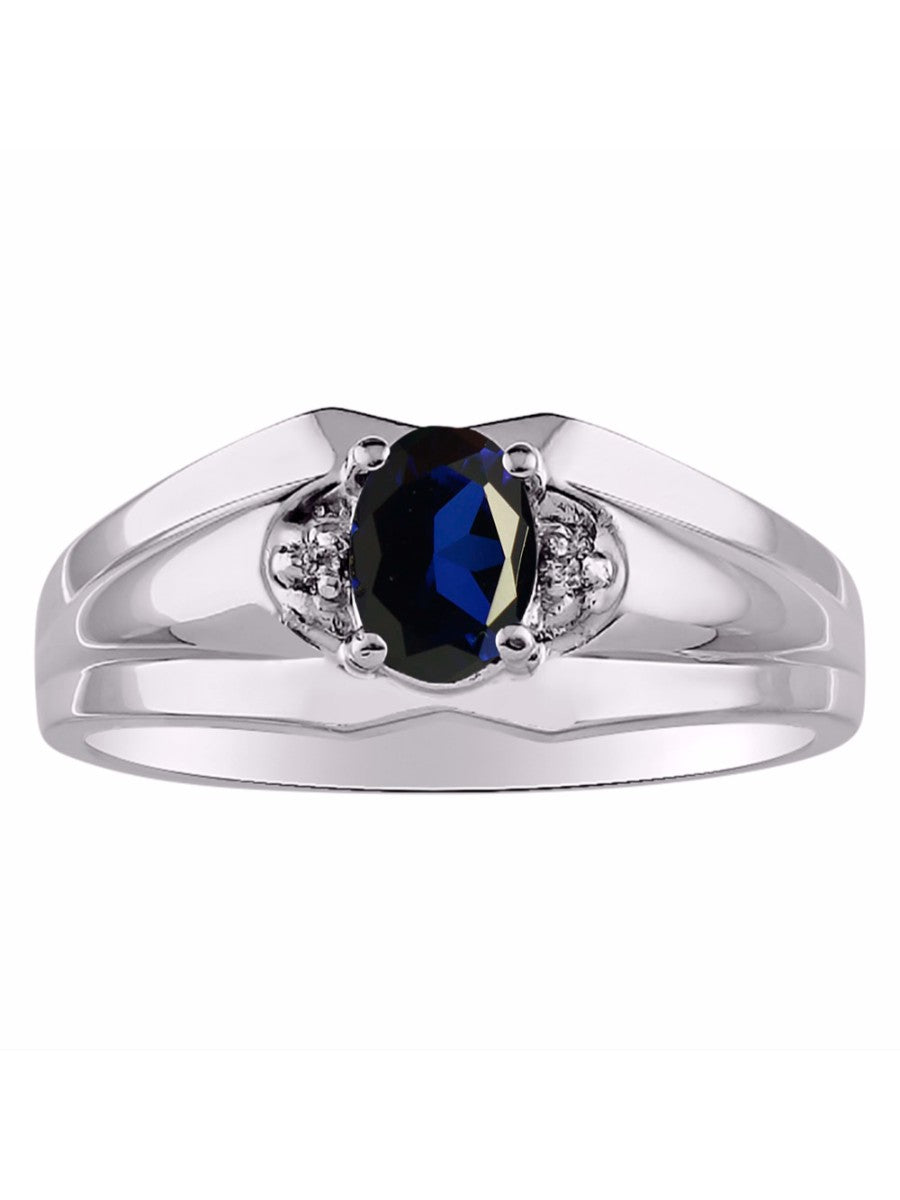 RYLOS Men's Sterling Silver 7X5 Oval Gemstone & Diamond Ring Classic Birthstone Design in Sizes 8-13