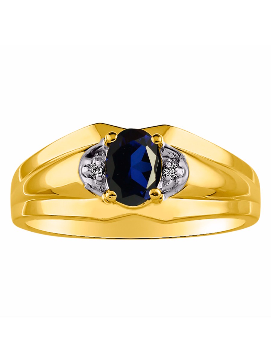 RYLOS Men's Yellow Gold Plated Silver 7X5 Oval Gemstone & Diamond Ring Classic Birthstone Design in Sizes 8-13
