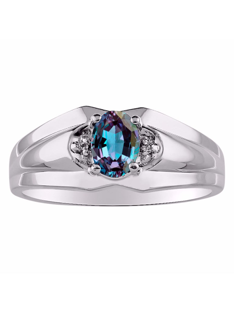 RYLOS Men's Sterling Silver 7X5 Oval Gemstone & Diamond Ring Classic Birthstone Design in Sizes 8-13