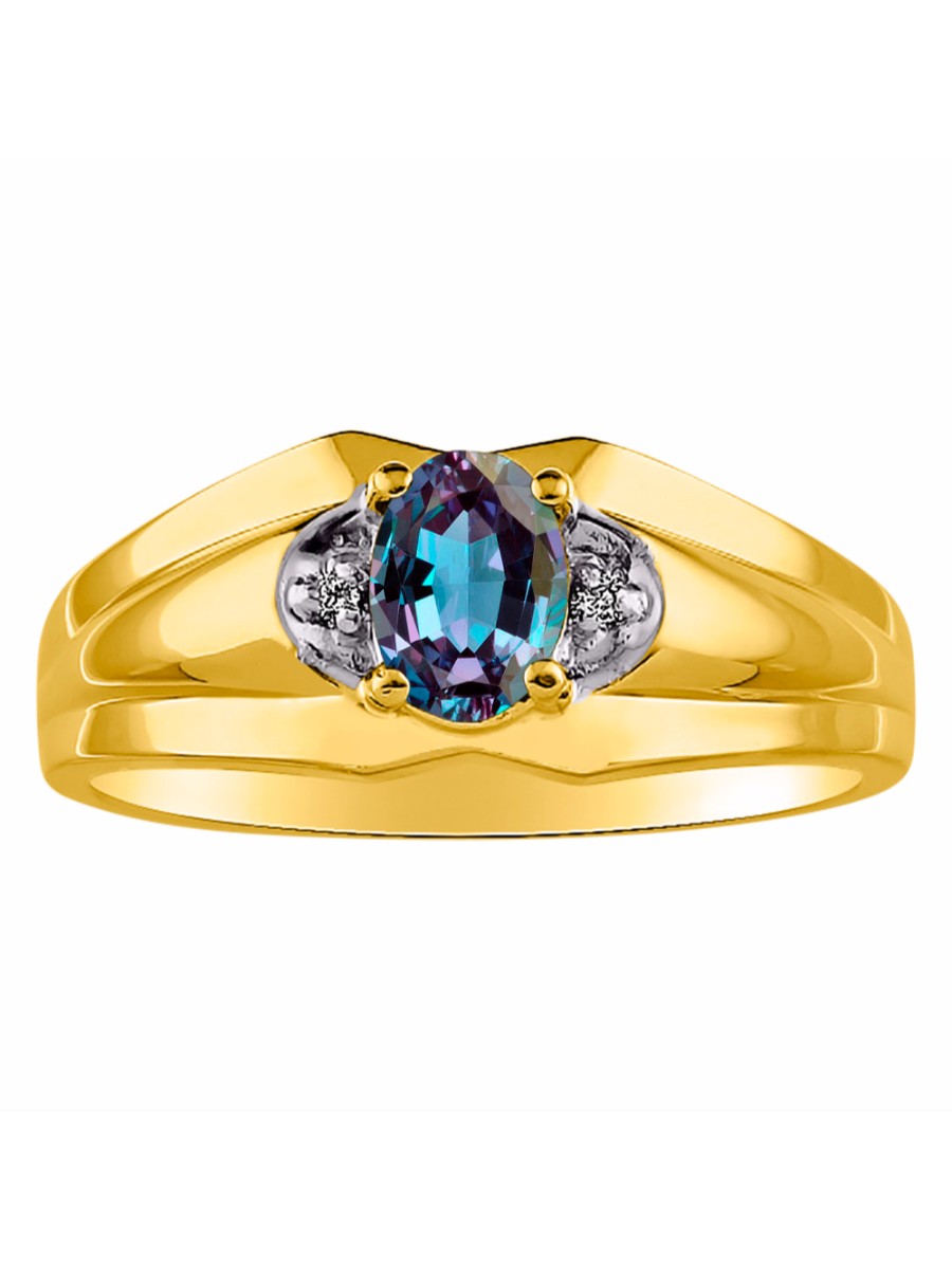 RYLOS Men's Yellow Gold Plated Silver 7X5 Oval Gemstone & Diamond Ring Classic Birthstone Design in Sizes 8-13