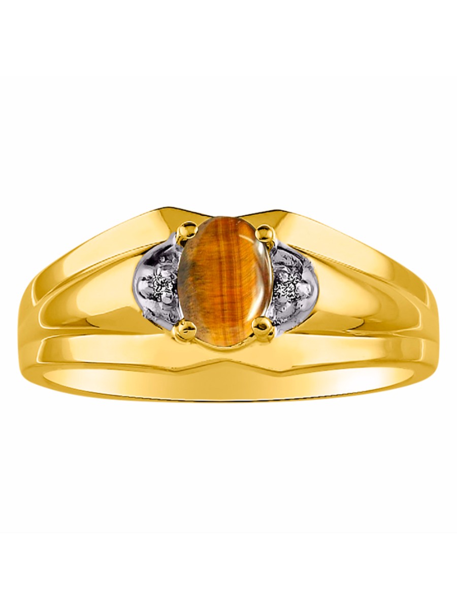 RYLOS Men's Yellow Gold Plated Silver 7X5 Oval Gemstone & Diamond Ring Classic Birthstone Design in Sizes 8-13