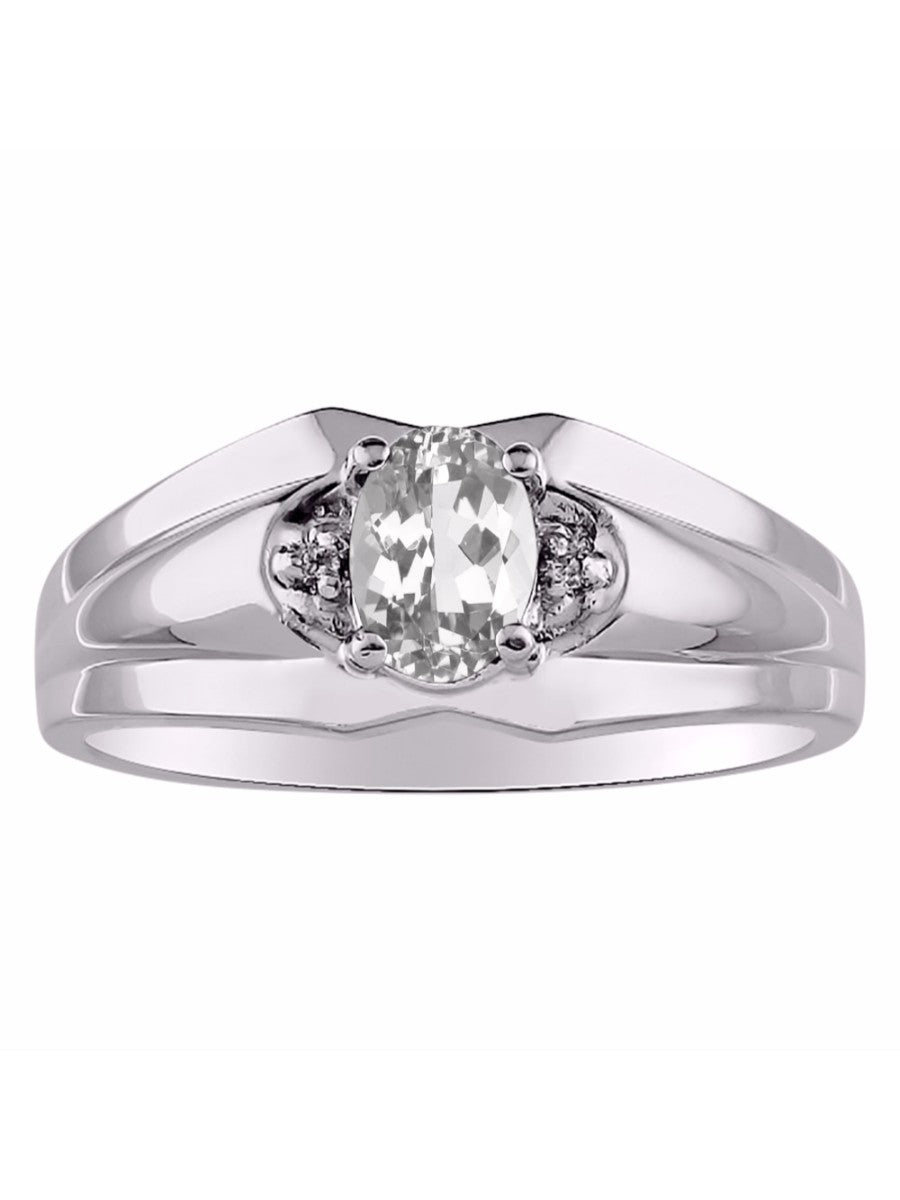 RYLOS Men's 14K White Gold 7X5 Oval Gemstone & Diamond Ring Classic Birthstone Design in Sizes 8-13