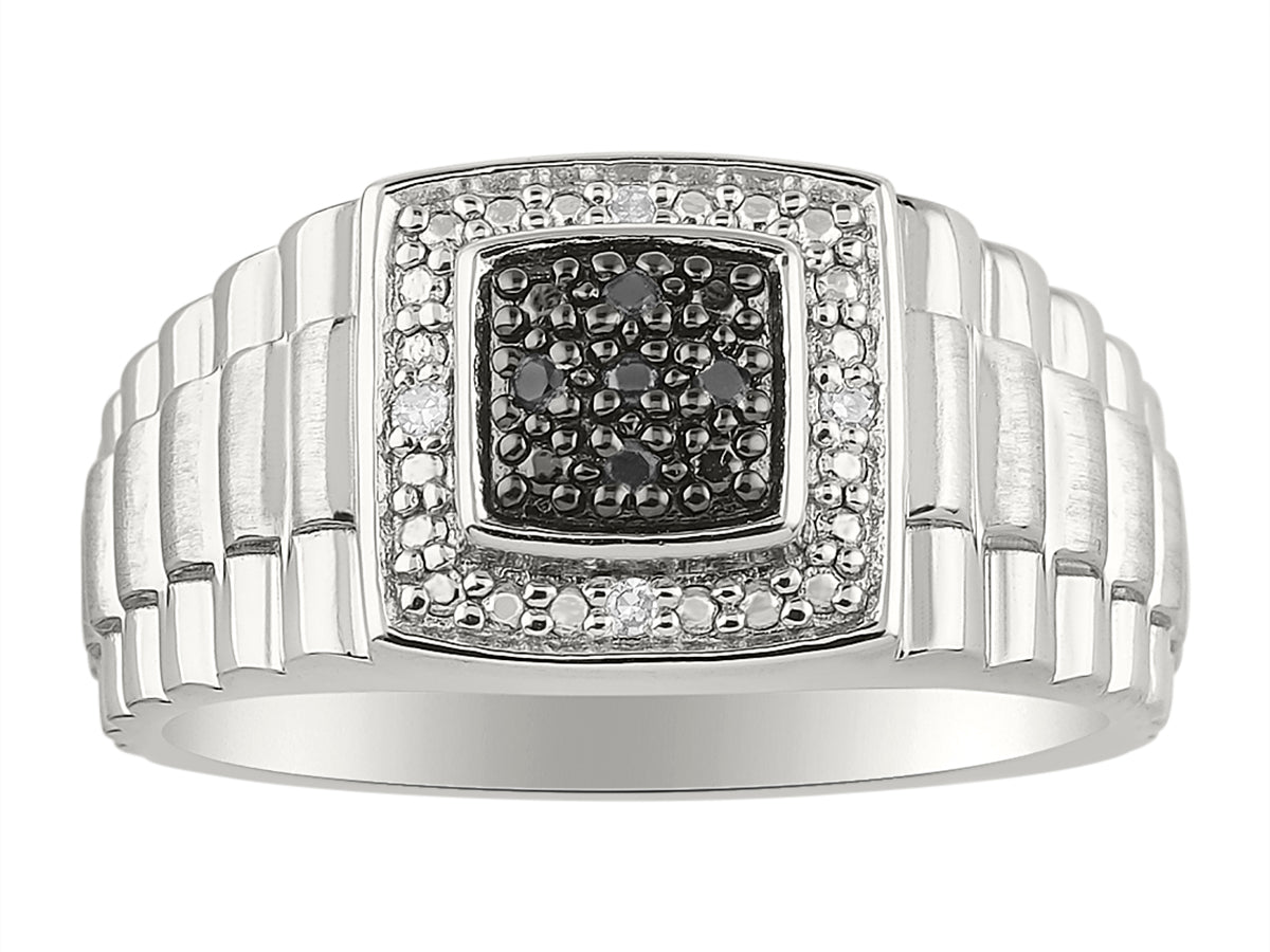 RYLOS Mens Ring with Black and White Diamonds Set in Sterling Silver or 14K Yellow Gold Plated Silver  - Designer Style Sizes 6-13