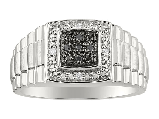 RYLOS Mens Ring with Black and White Diamonds Set in Sterling Silver or 14K Yellow Gold Plated Silver  - Designer Style Sizes 6-13